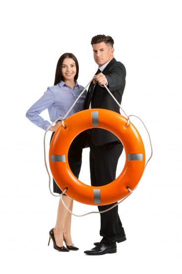 Young business people with lifebuoy on white background